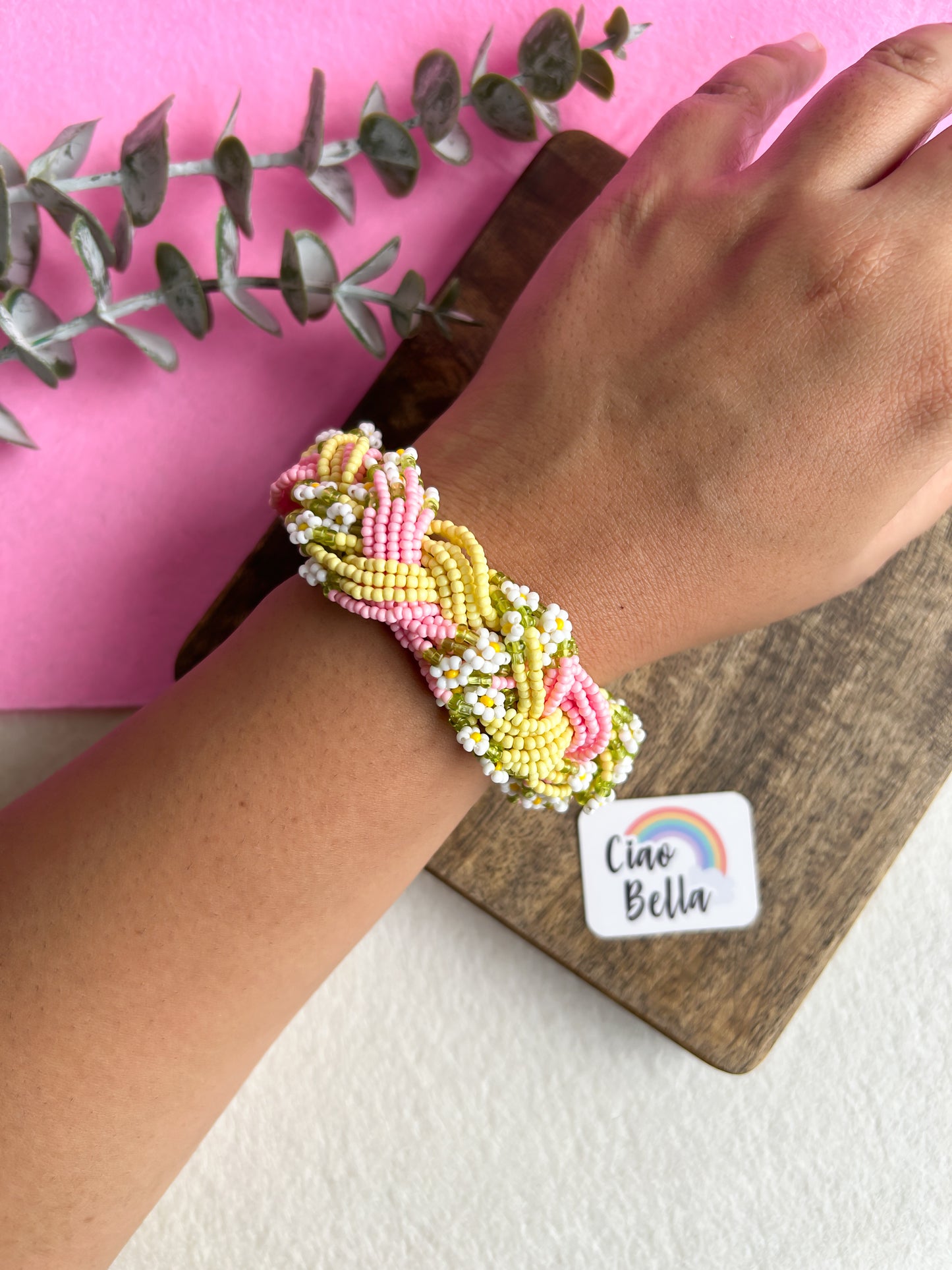 Luxe Flora Pink Yellow Handmade Beaded Bracelet