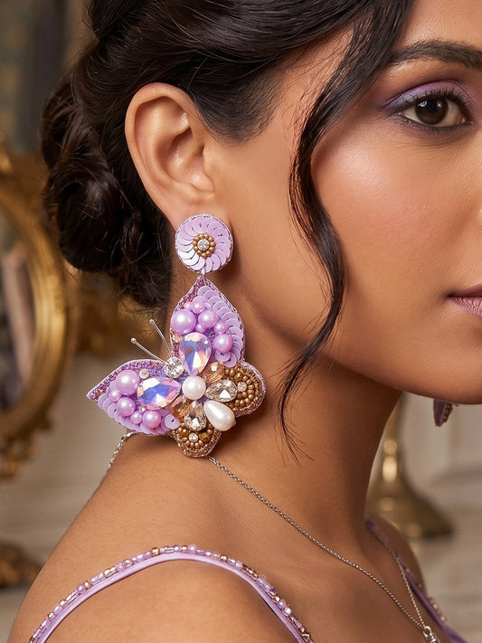 Luxe Crystal Lilac Purple Handmade Beaded Butterfly Earrings