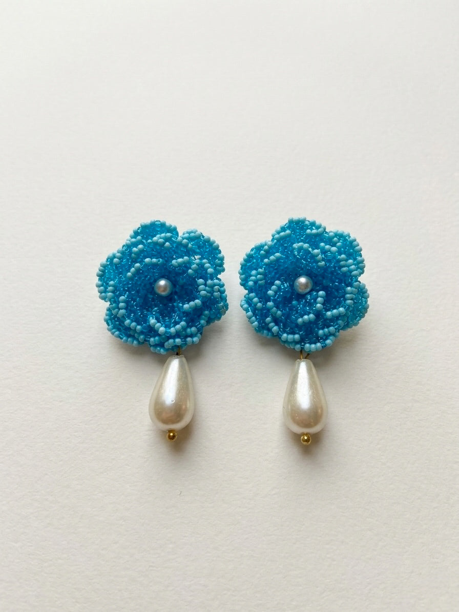 Crochet Aqua Blue 3D Rose Pearl Drops Flower Handmade Beaded Earrings