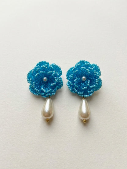 Crochet Aqua Blue 3D Rose Pearl Drops Flower Handmade Beaded Earrings