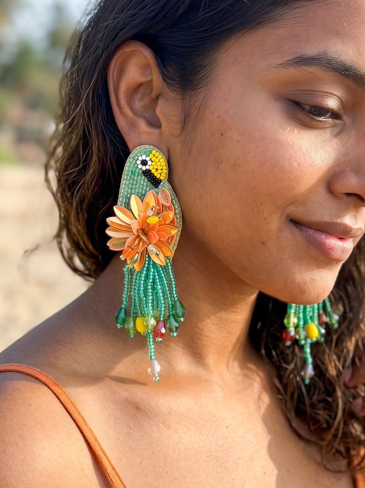 Luxe Paradise Teal Mint Lagoon Orange Parrot Handmade Beaded Bird Earrings