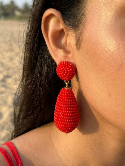 Scarlet Red Drop Handmade Beaded Earrings