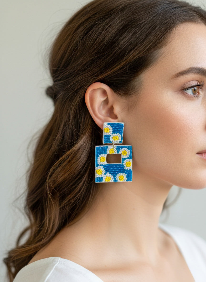 Turquoise Sun-Kissed Handmade Beaded Flower Earrings