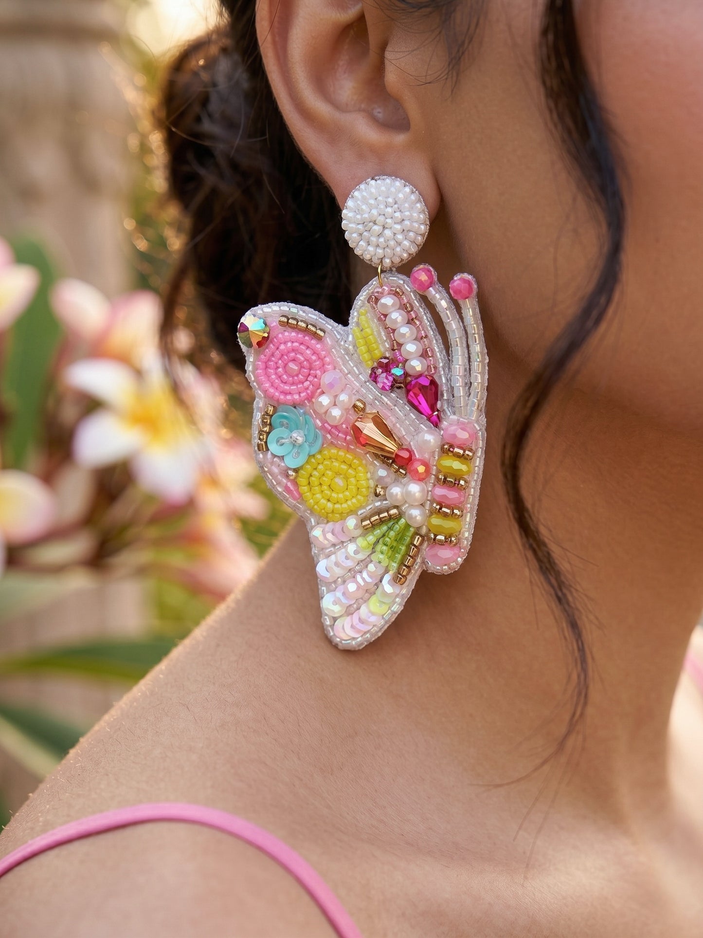 Kaleido Wings White Handmade Beaded Butterfly Earrings