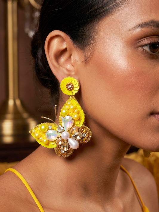 Luxe Crystal Yellow Handmade Beaded Butterfly Earrings