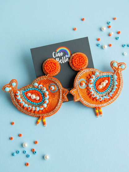 Chirpy Birdie Orange Handmade Beaded Earrings