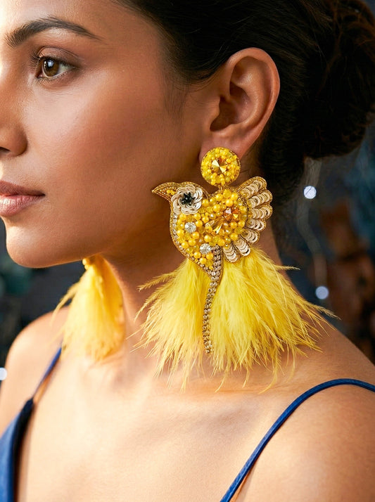 Glamorous Yellow Birdies Handmade Beaded Bird Earrings