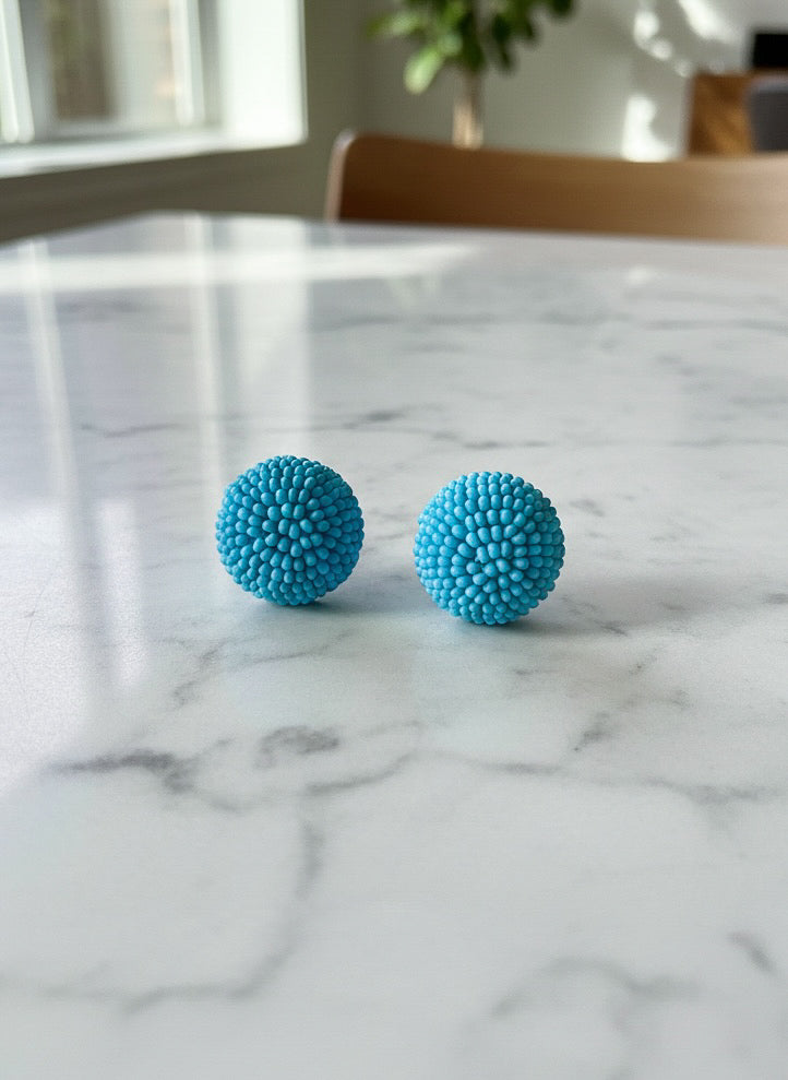 Aqua Blue Round Handmade Beaded Stud Earrings