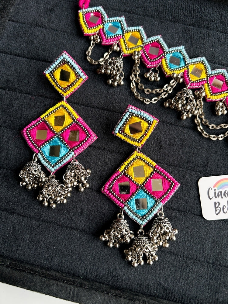 Rangrez Mirror Handmade Beaded Necklace & Earrings Set