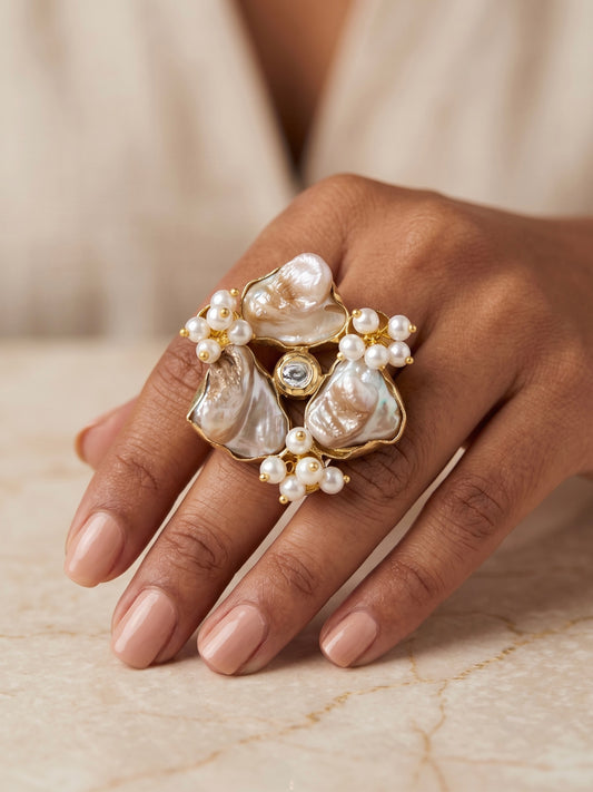 Mother of Pearl Kundan Handmade Brass Ring