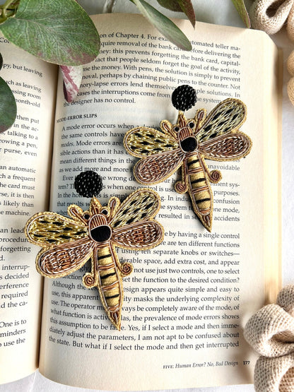 Gold-dusted Dragonfly Handmade Beaded Earrings