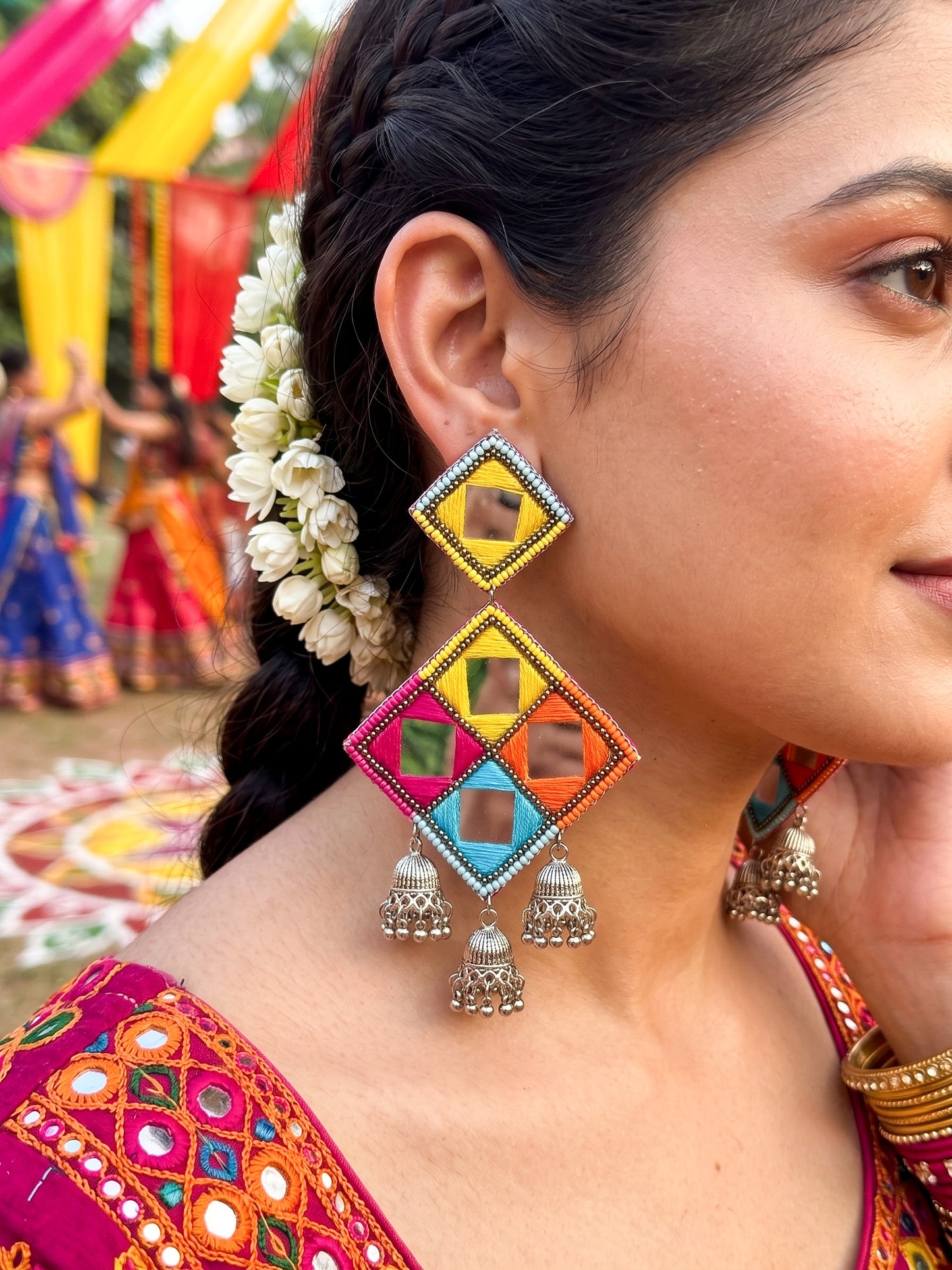 Rangrez Mirror Handmade Beaded Jhumka Earrings