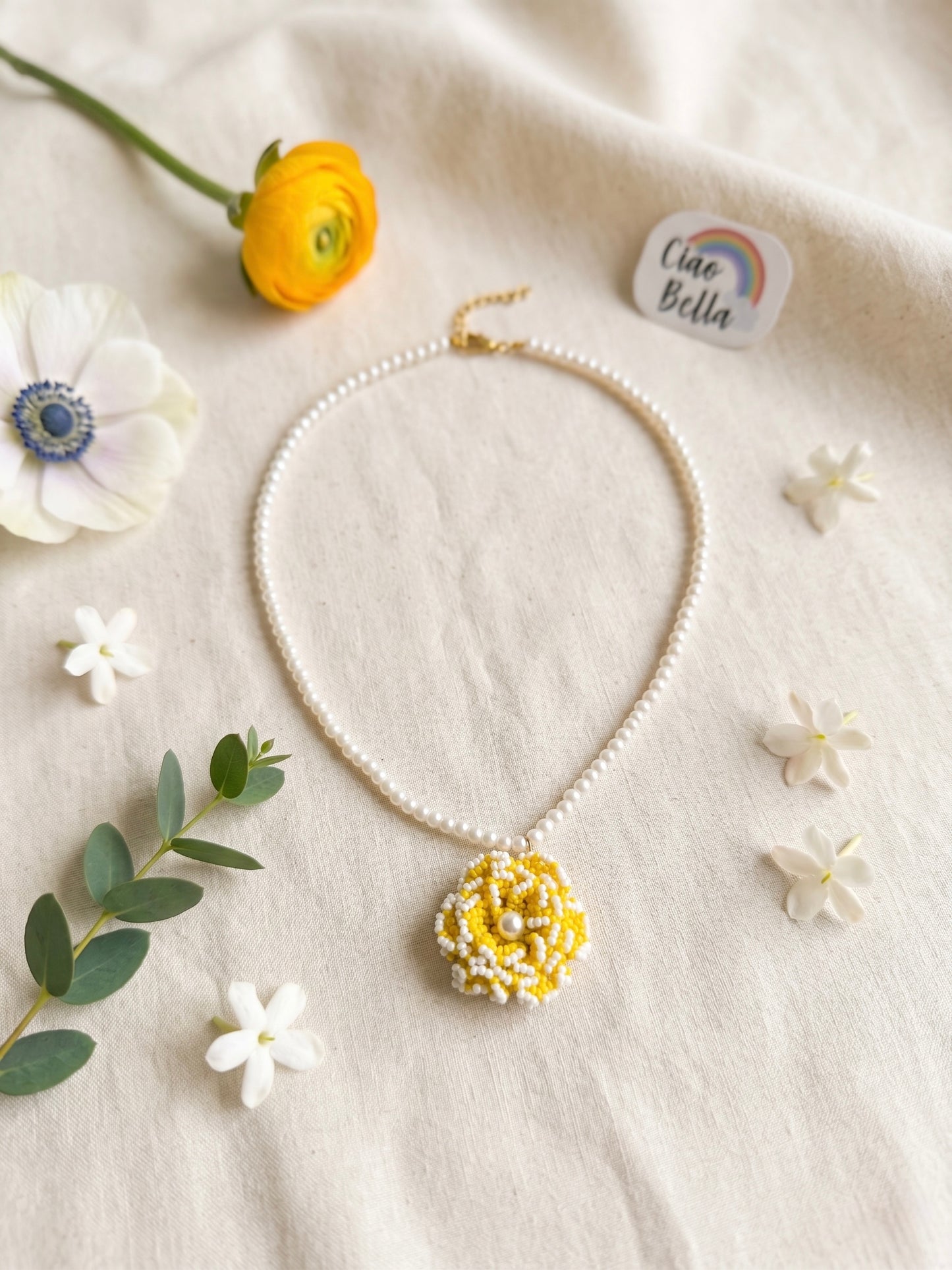 Crochet Yellow White 3D Rose Flower Handmade Beaded Necklace