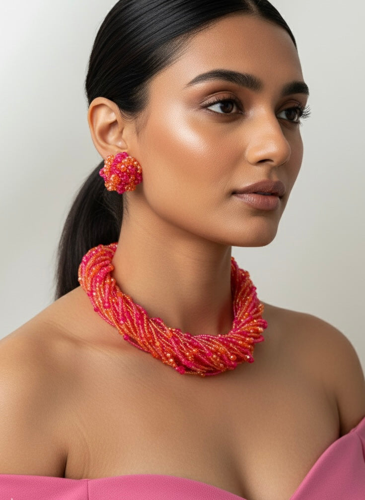 Gulnar Handmade Beaded Necklace + Earrings Set