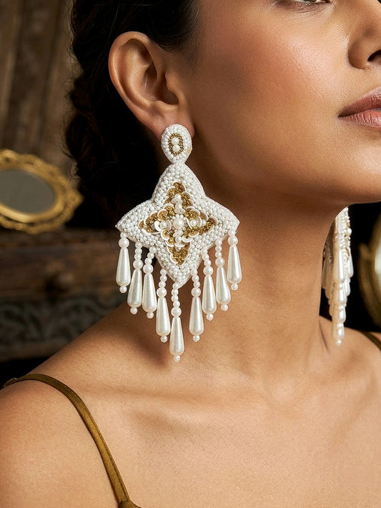 Sahiba White Pearl Drop Handmade Beaded Earrings