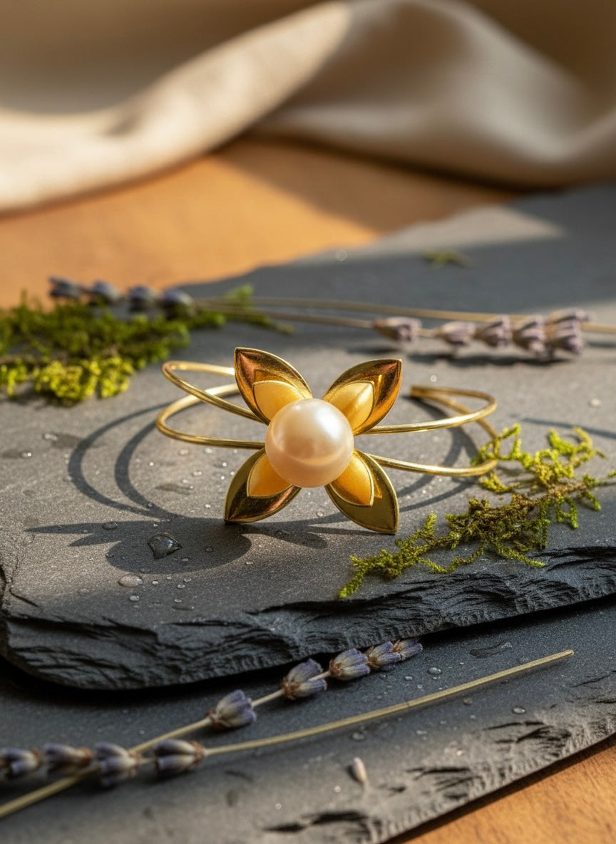 Pearl Flower Handmade Brass Cuff Bracelet