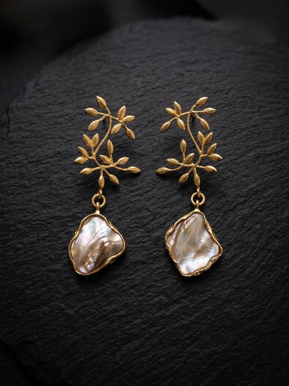 Golden Fern Mother of Pearl Handmade Brass Earrings