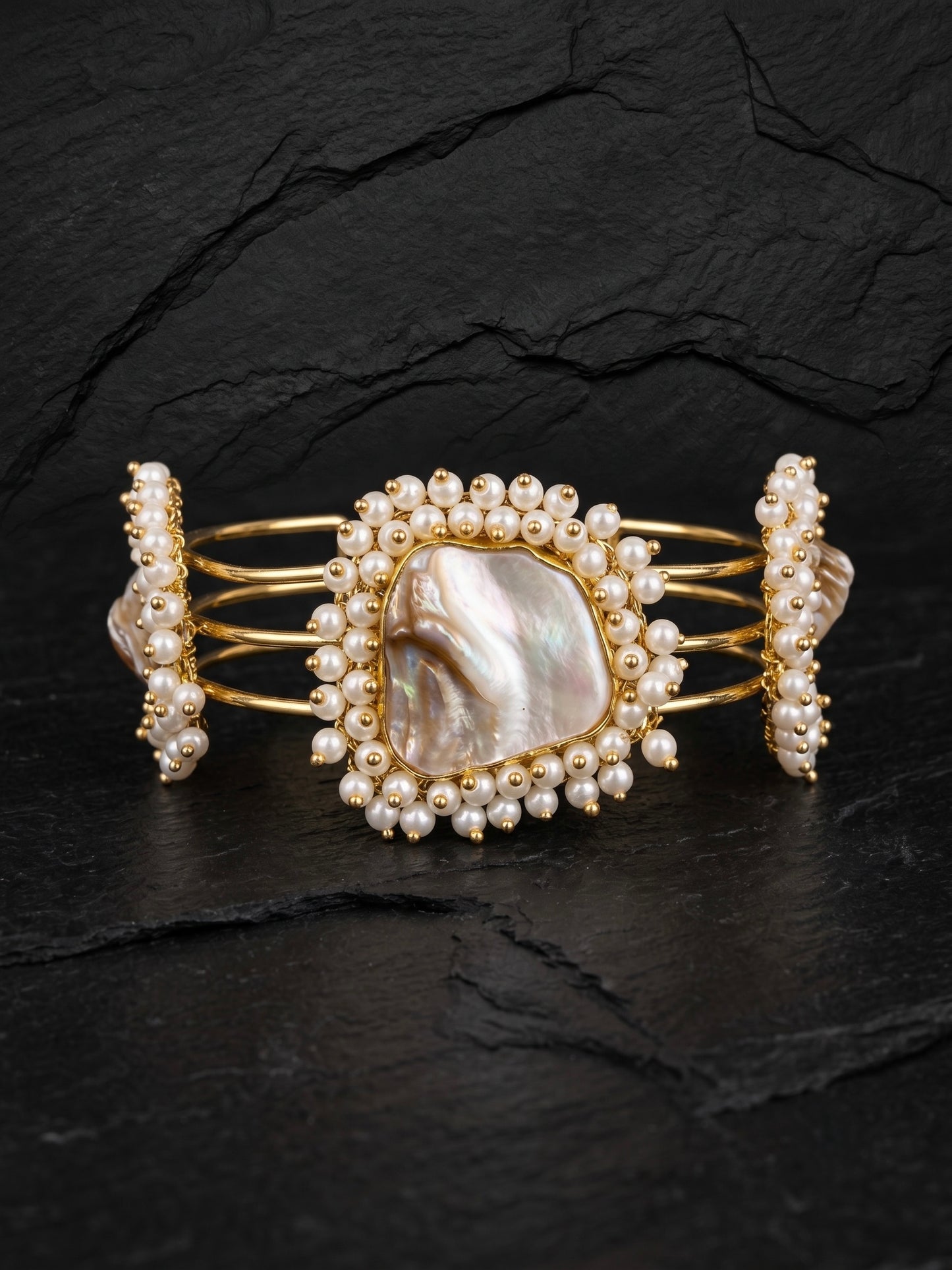 Baroque Mother of Pearl Handmade Brass Cuff Bracelet