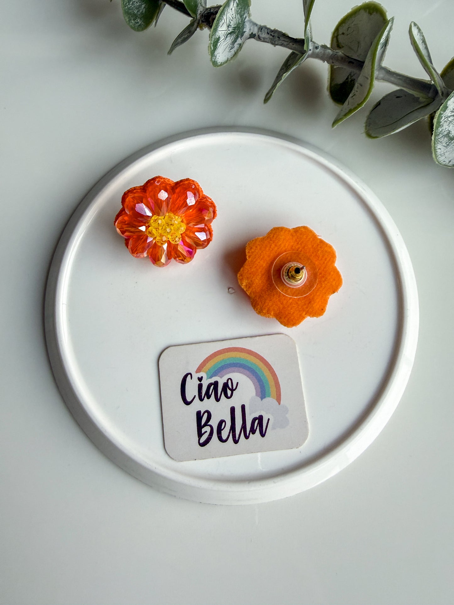 Sparkling Orange Daisy Handmade Beaded Necklace + Earrings Set