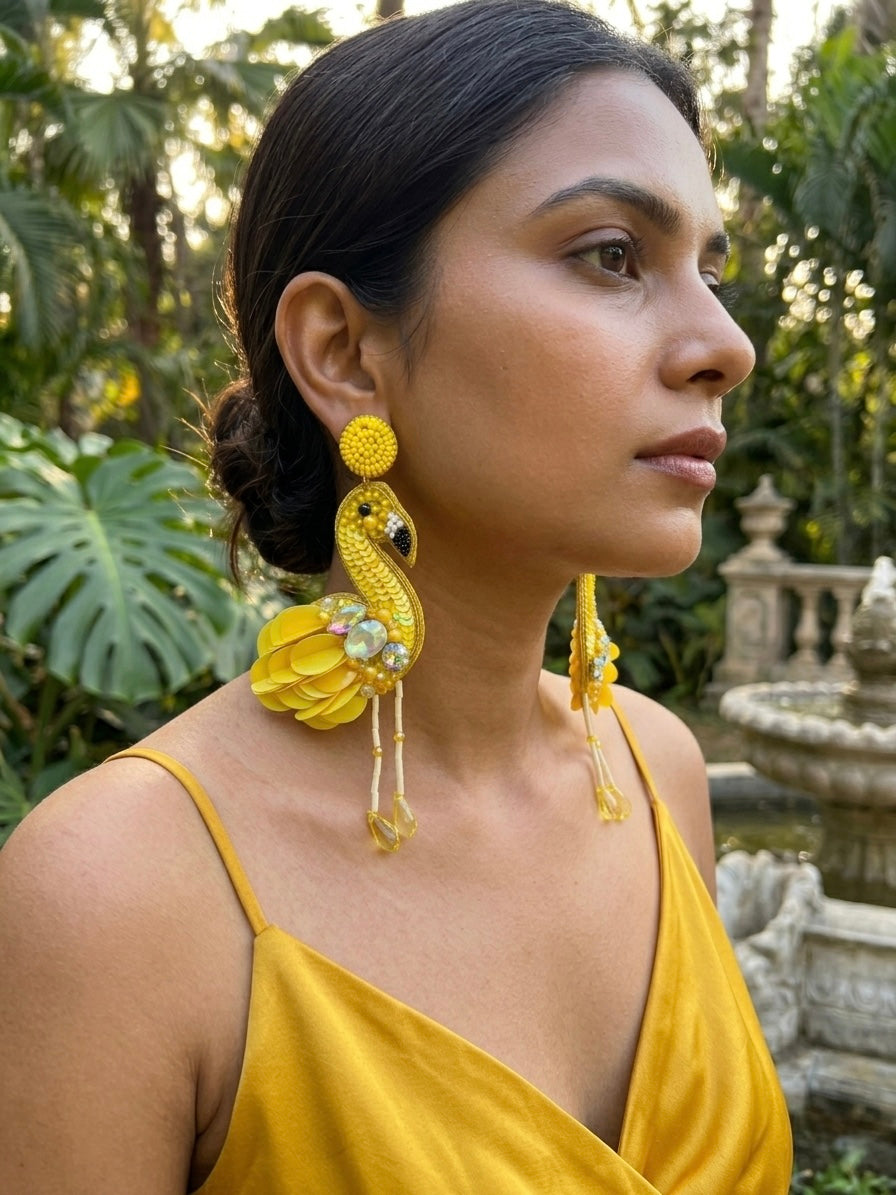 Flamazing Flamingo Yellow Handmade Beaded Bird Earrings