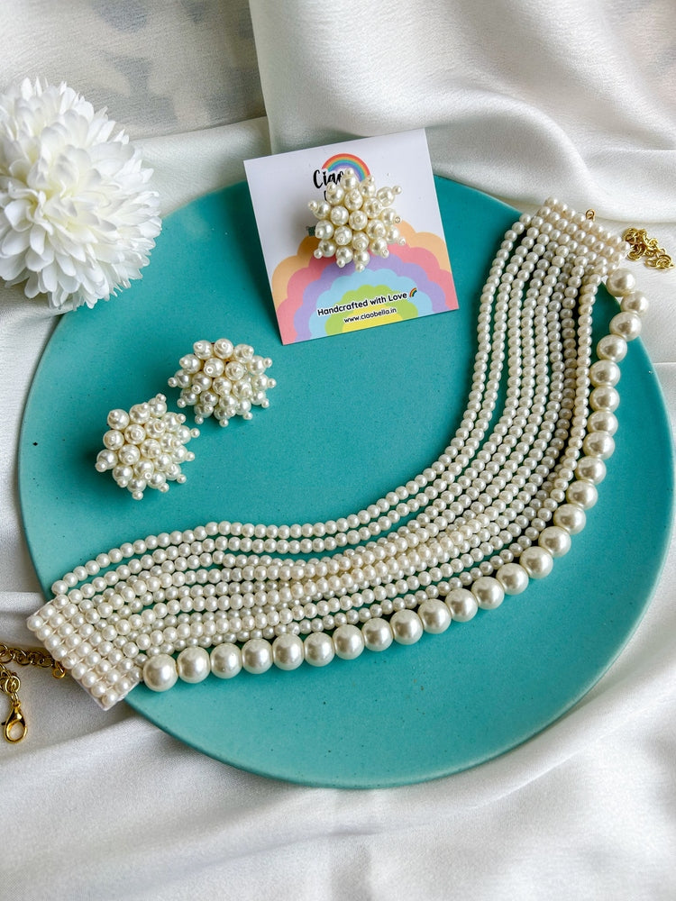 Ruhani Pearl Handmade Necklace + Earrings + Ring Set