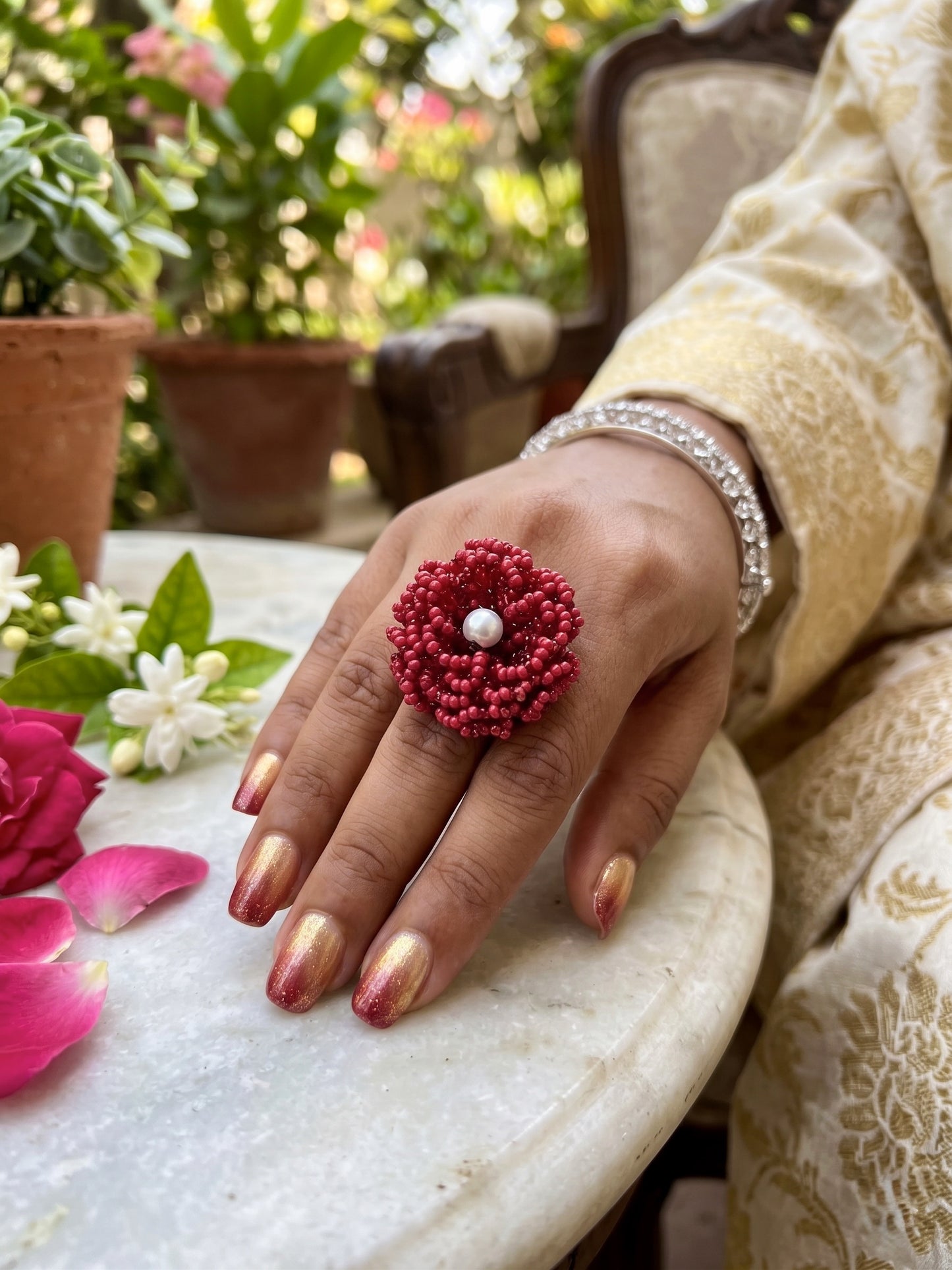 Crochet Deep Red 3D Rose Flower Handmade Beaded Ring