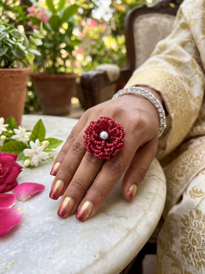 Crochet Deep Red 3D Rose Flower Handmade Beaded Ring
