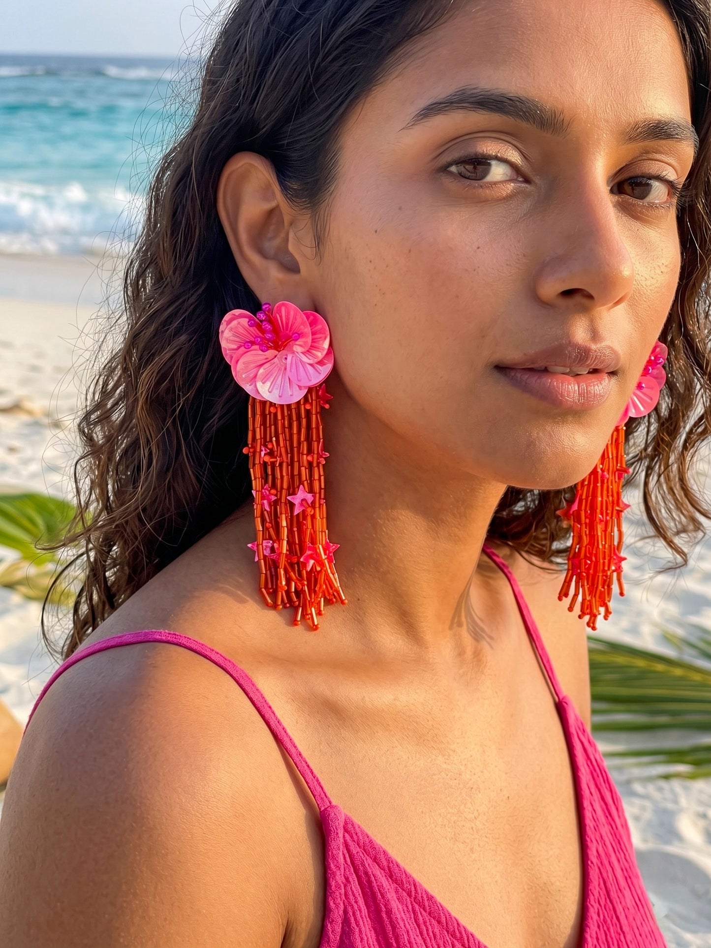 Sunset Pink Orange Star Flower Handmade Beaded Earrings