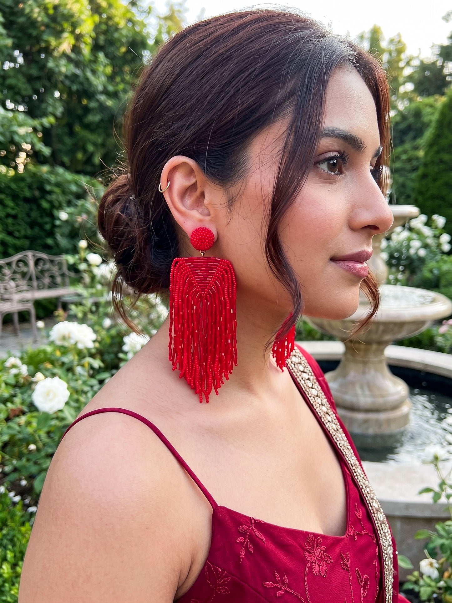 Luxe Crimson Red Handmade Beaded Tassel Earrings