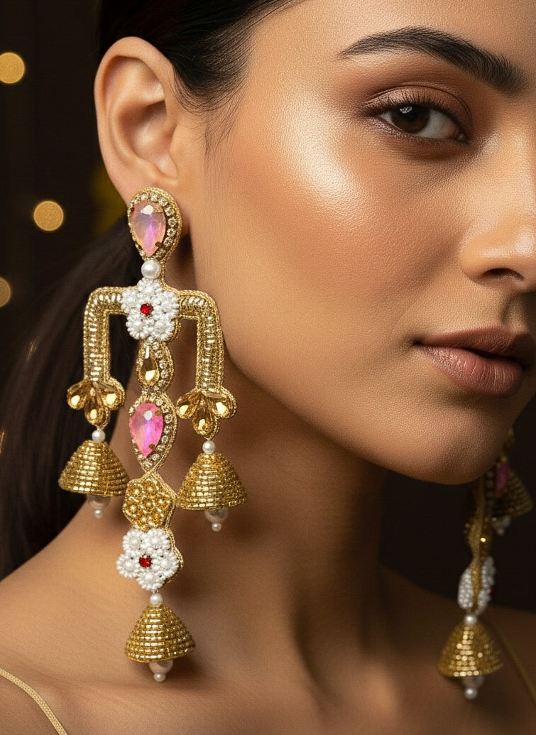Rajwada Blush Pink Danglers Handmade Beaded Statement Earrings