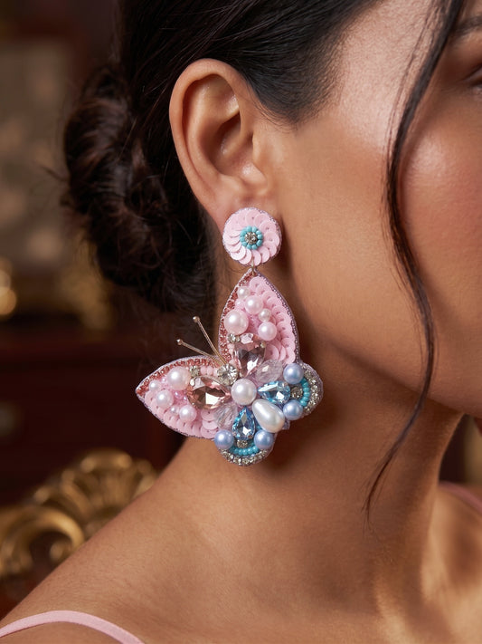 Luxe Crystal Blush Pink & Blue Handmade Beaded Butterfly Earrings