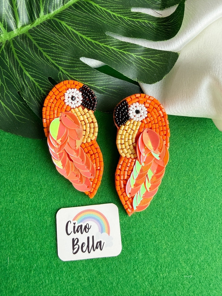 Orange Parrot Handmade Beaded Bird Earrings