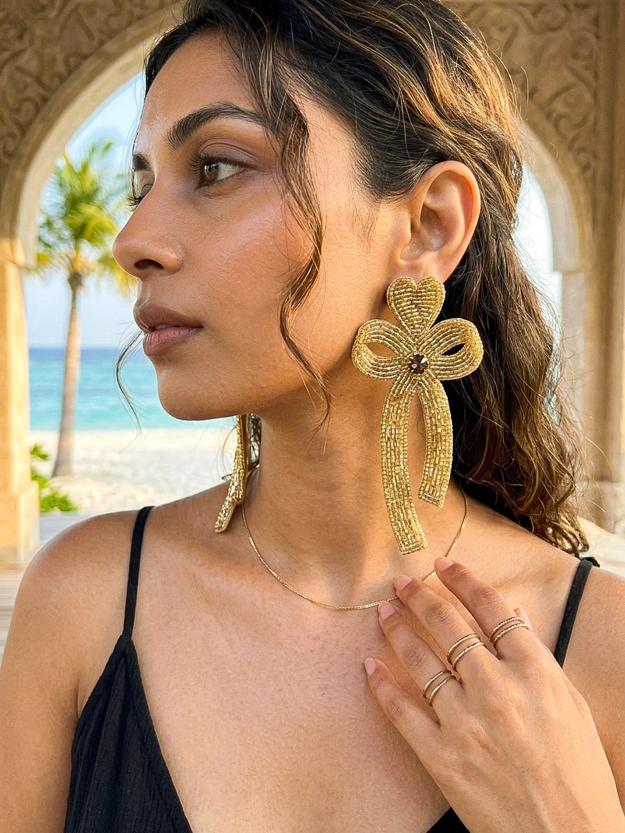 Glam Bow (Gold) Handmade Beaded Earrings
