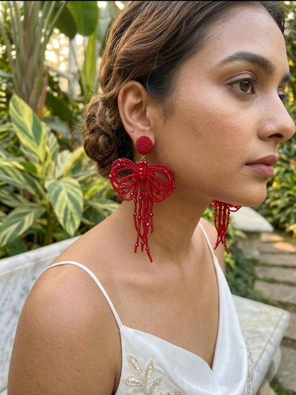 Pookie Bow (Deep Red) Handmade Beaded Earrings