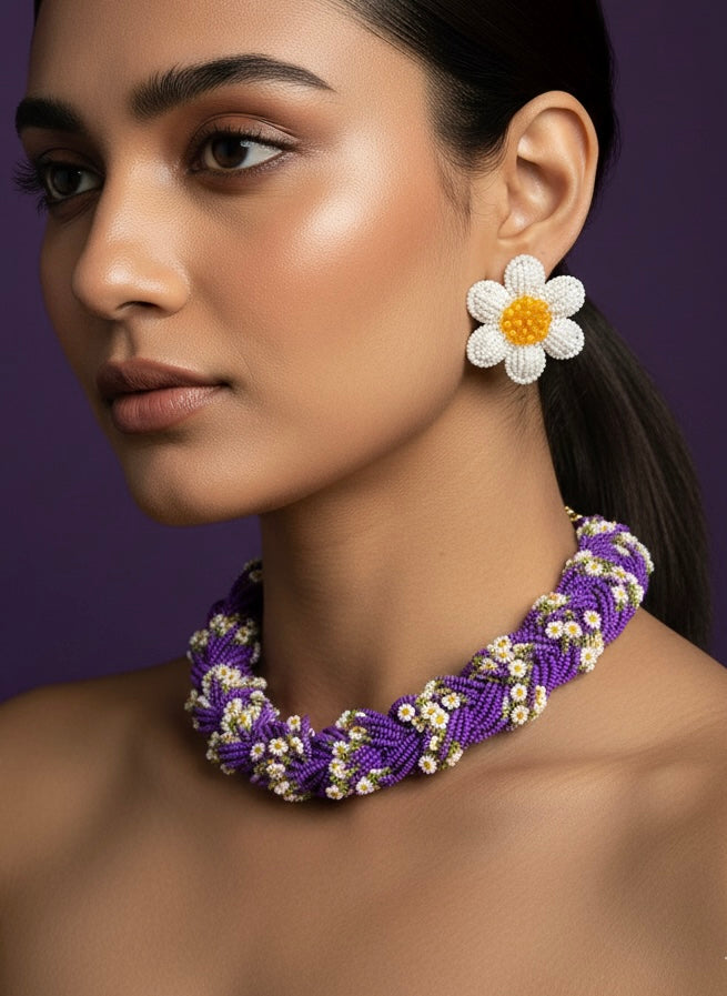Luxe Flora Purple Handmade Beaded Necklace + Earrings Set