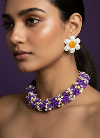 Luxe Flora Purple Handmade Beaded Necklace + Earrings Set