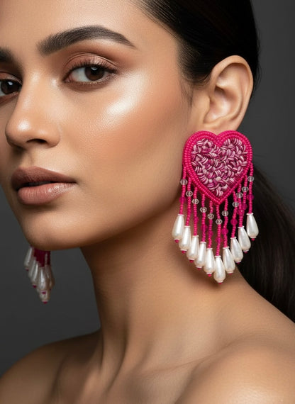 Hot Pink Heart Drop Handmade Beaded Tassel Earrings