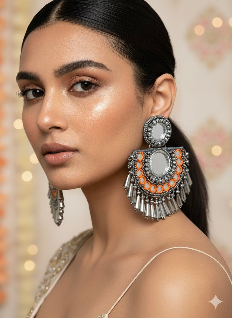 Chandrika Mirror Orange Handmade Beaded Earrings