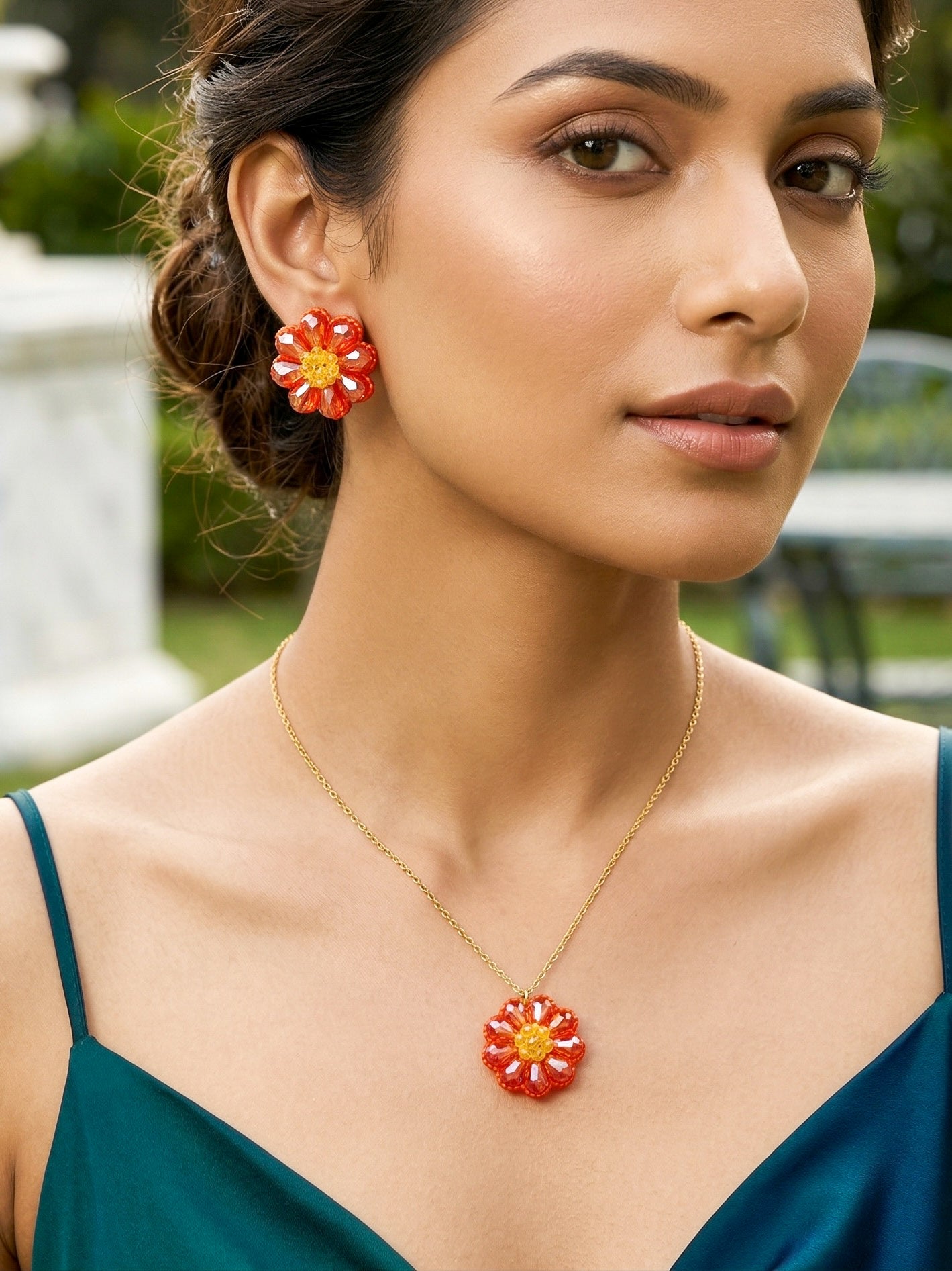 Sparkling Sunset Orange Flower Handmade Beaded Necklace + Earrings Set