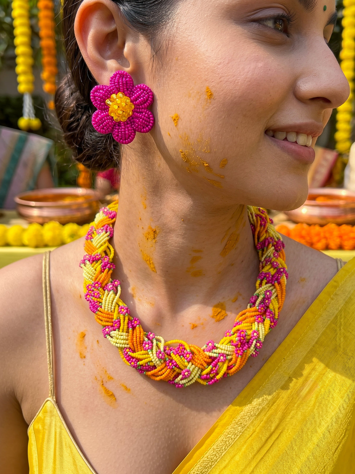 Luxe Flora Marigold Handmade Beaded Necklace + Earrings Set