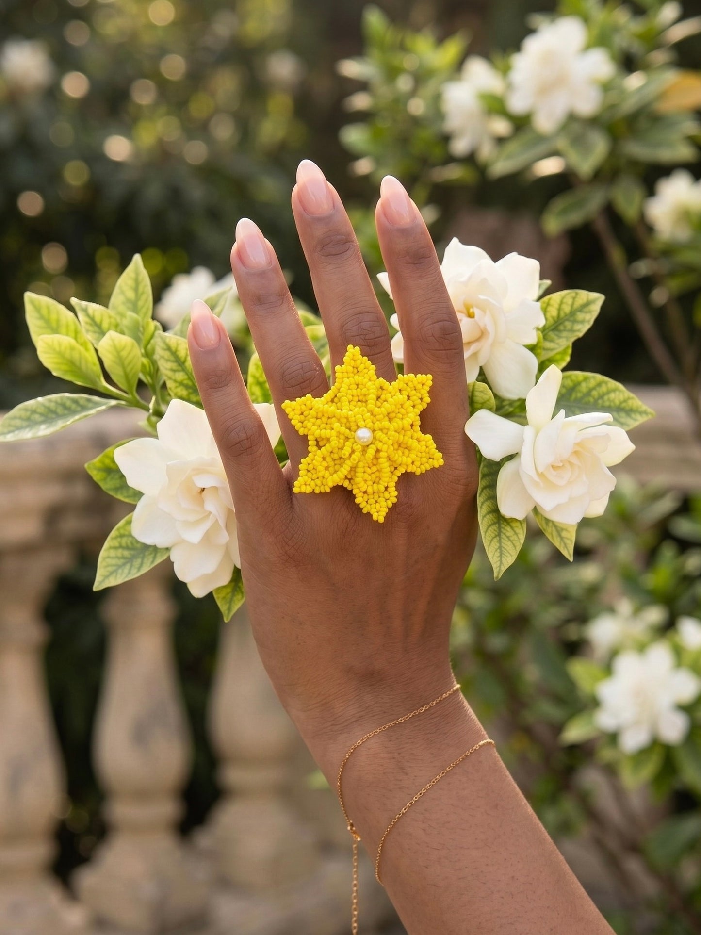 Sunshine Yellow Delicate Snowflake 3D Crochet Handmade Beaded Ring