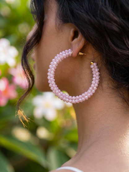 Woven Blush Pink Crystal Handmade Beaded Hoop Earrings