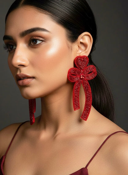 Glam Bow (Deep Red) Handmade Beaded Earrings