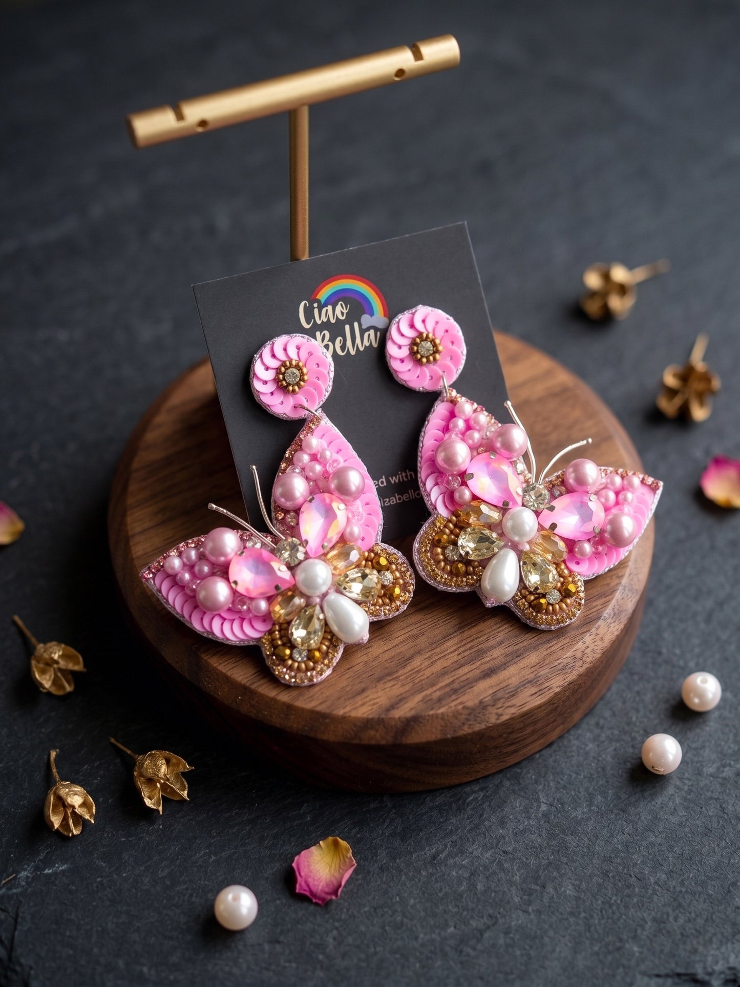 Luxe Crystal Light Rose Pink Handmade Beaded Butterfly Earrings