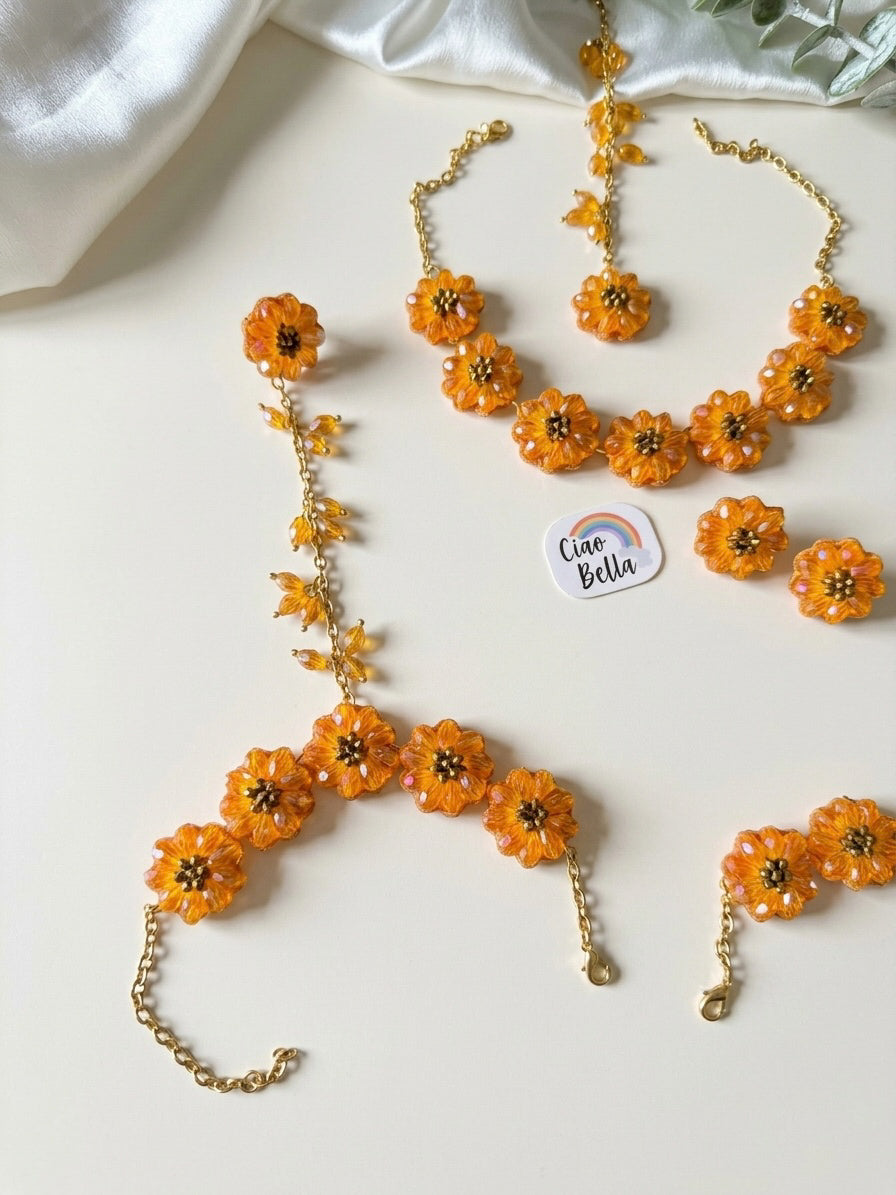 Sparkling Sunflower Handmade Beaded Haldi Jewellery Set (Necklace + Earrings + Hathphools + Maangtika)