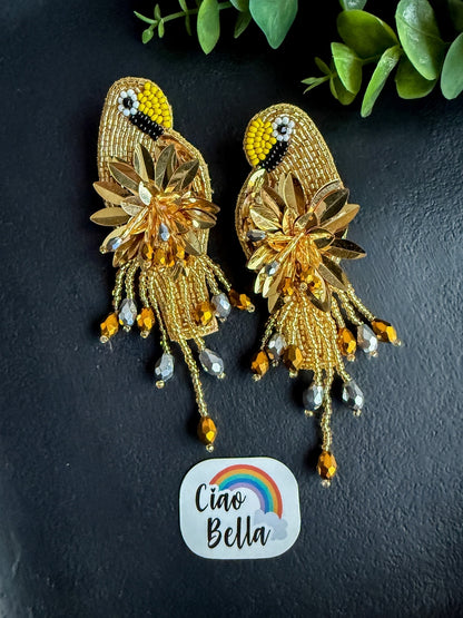 Luxe Paradise Golden Parrot Earrings Handmade Beaded Bird Earrings