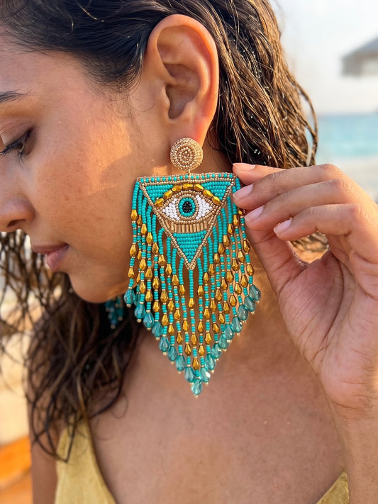 Luxe Evil Eye Teal Blue Handmade Beaded Tassel Earrings