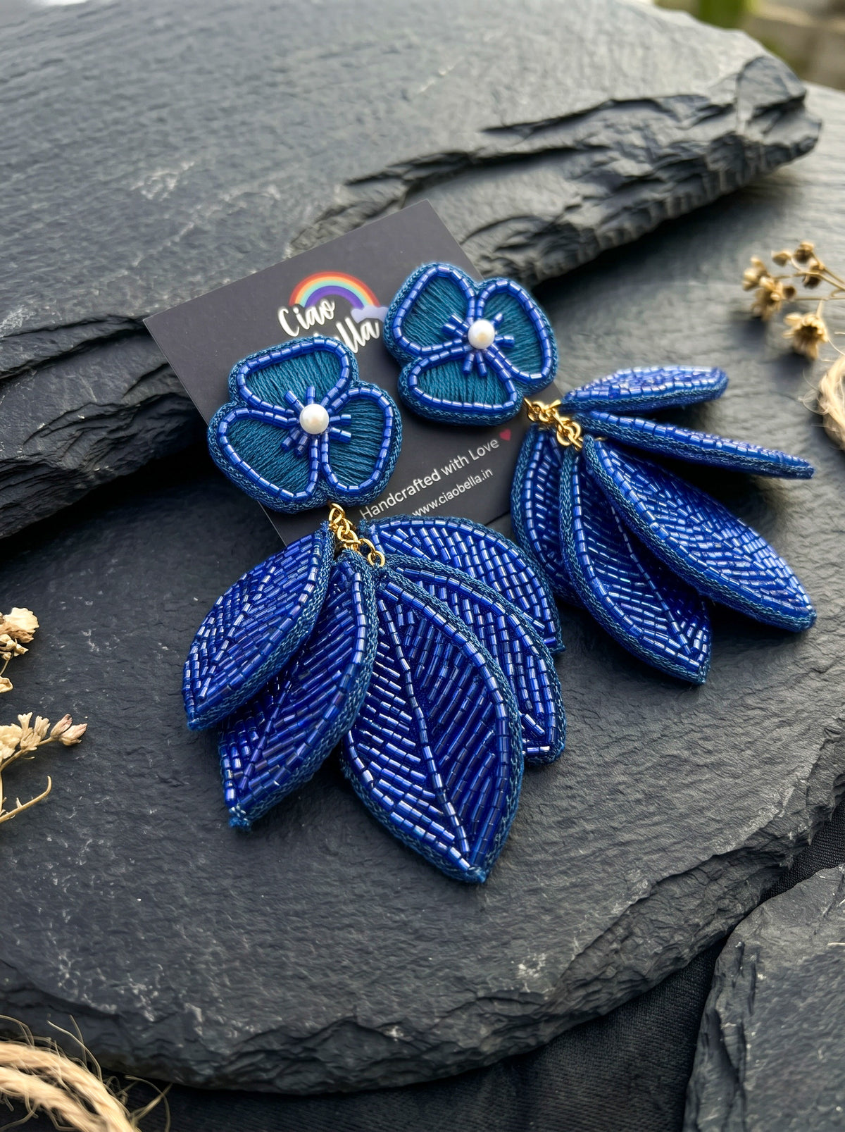 Luxe Leafy Affair Midnight Blue Handmade Beaded Earrings
