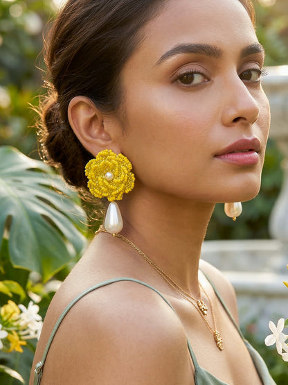 Crochet Yellow 3D Rose Pearl Drops Flower Handmade Beaded Earrings