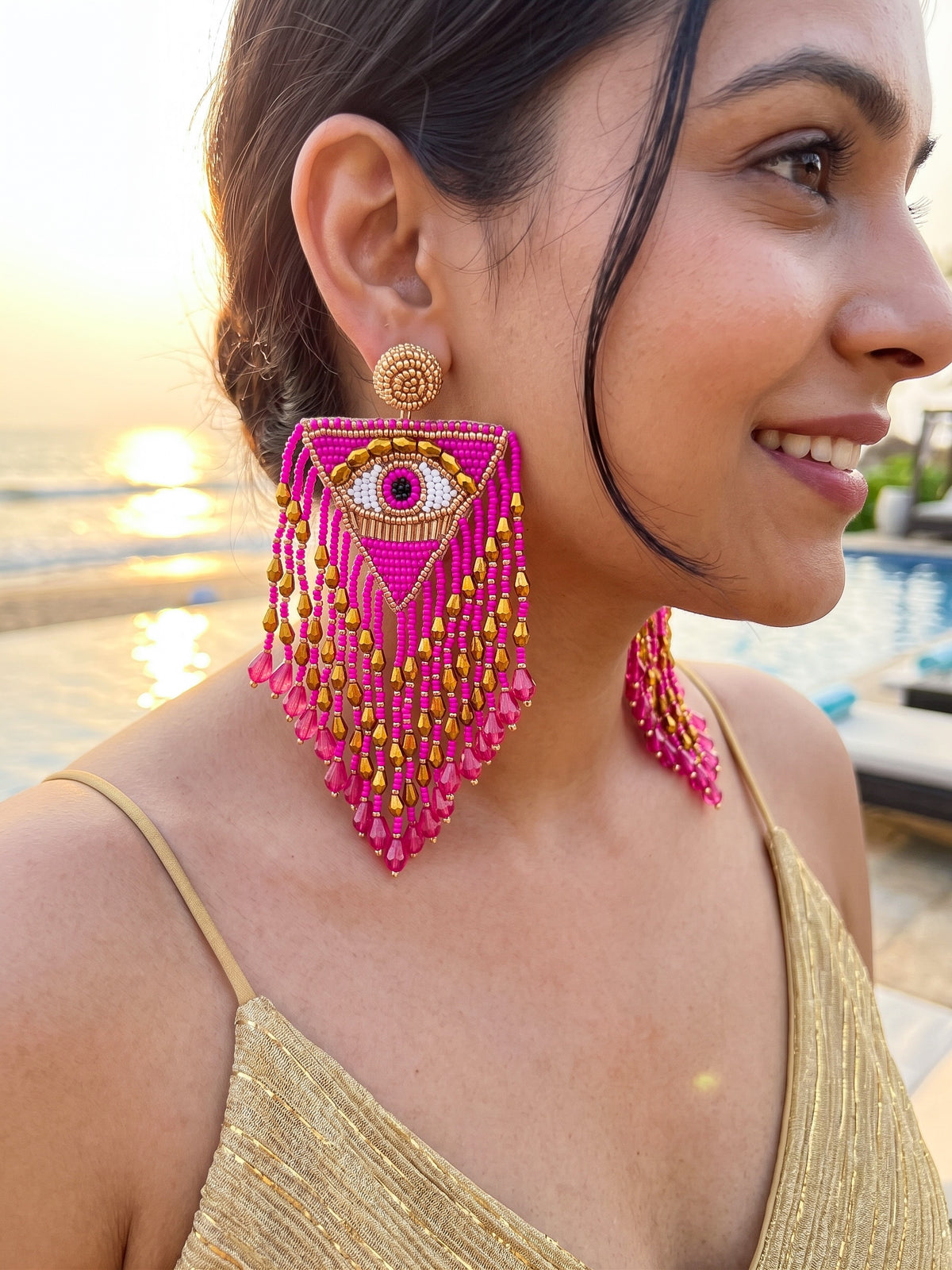 Luxe Evil Eye Hot Pink Handmade Beaded Tassel Earrings